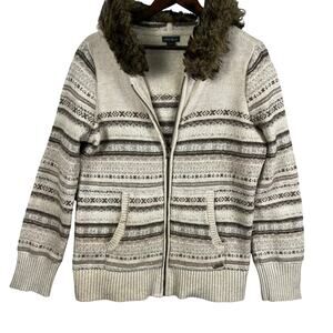 Vintage Eddie Bauer “Shasta”Fair Isle Hooded Cardigan SZ LG Removable Faux Fur